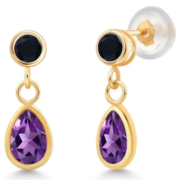 14K Yellow Gold with 0.92 Cttw Amethyst and Black Onyx Post Back Drop Earrings - Picture 2 of 4